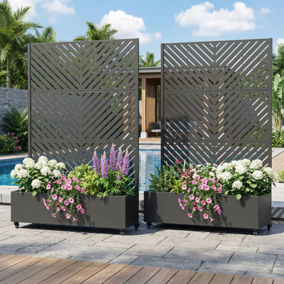 Metal Planter Box with Trellis with Wheels(Set of 2)