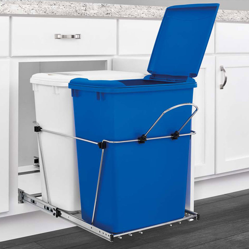 Double Sliding Pull-Out Waste Bin Containers, Blue/White, 19.25" H x 14.38" W x 22" D, 8.75