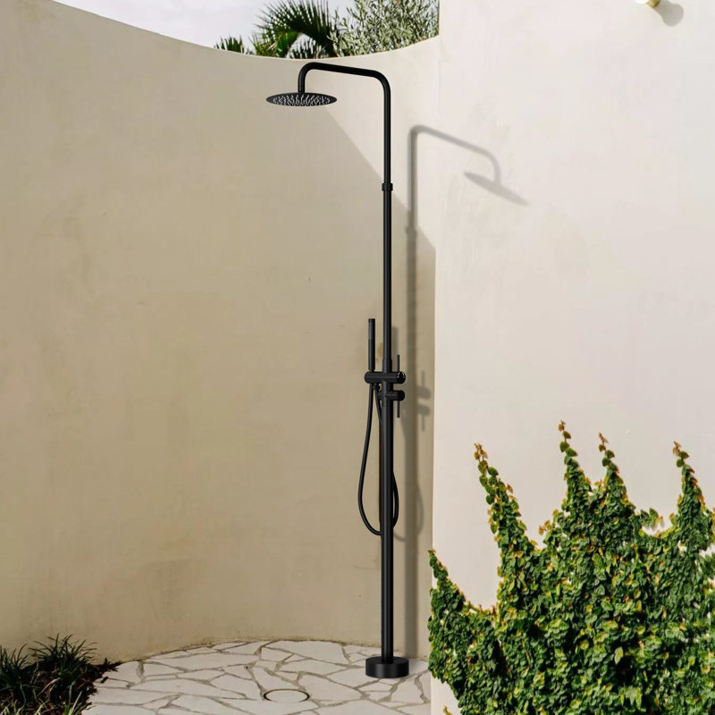 Douche extérieure autoportante à hauteur réglable de 86 po en acier inoxydable avec douche à main, Noir mat