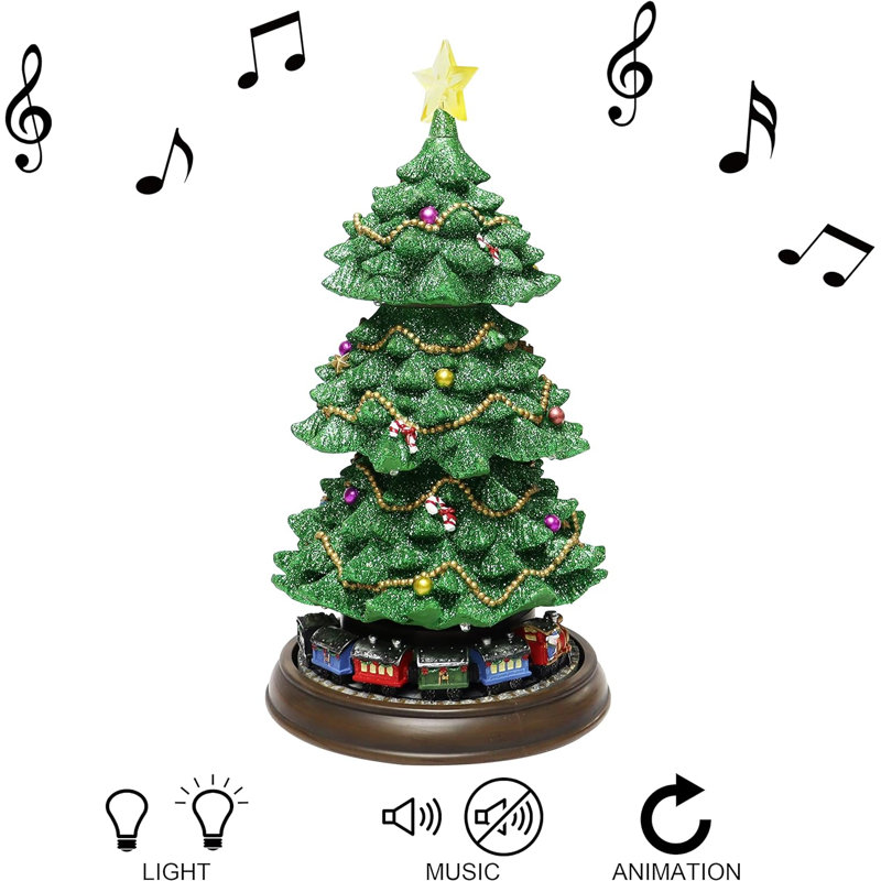 Arbre de Noël animé à niveaux 15,7 "de haut (niveaux) - lumières DEL, 8 pièces de musique, adaptateur - résine peinte à la main