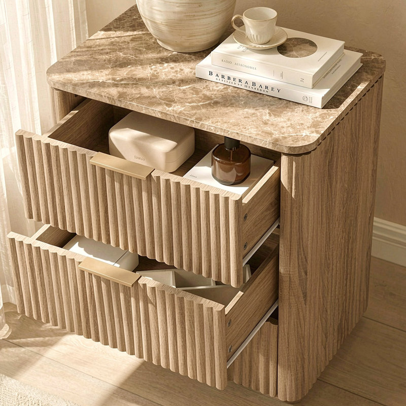 Modern Fluted Nightstand, 3-Drawer Nightstand with 1.97"-Thick Fluted Panels and Faux Marble Top, Oak, Oak, Set of 2
