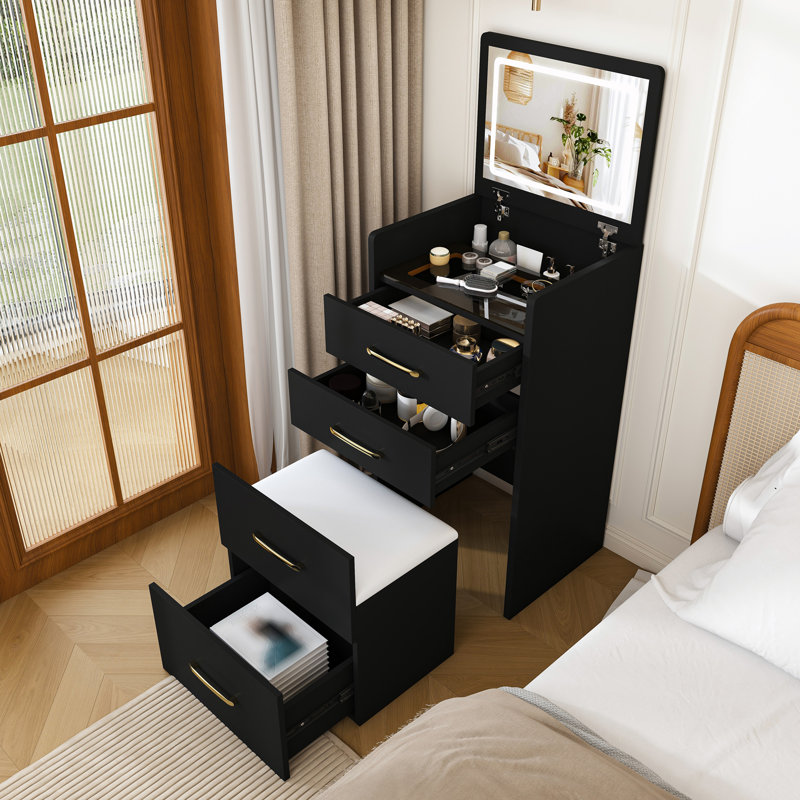 Coiffeuse de maquillage avec miroir et bureau en verre et 3 tiroirs