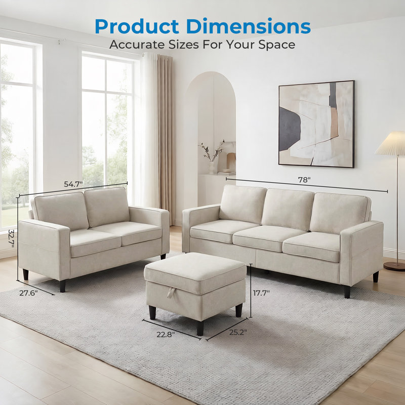 3-Piece Linen L-Shaped Set: 3-Seater Sofa, Loveseat with Ottoman & Side Pockets, Beige, Beige