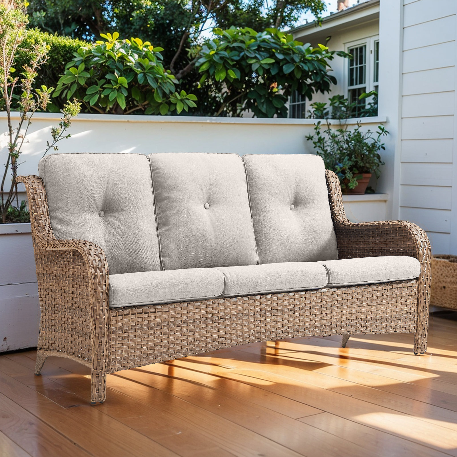 Hummuh Carolina 75" Wide Outdoor Wicker Patio Sofa with Cushions & Reviews | Wayfair