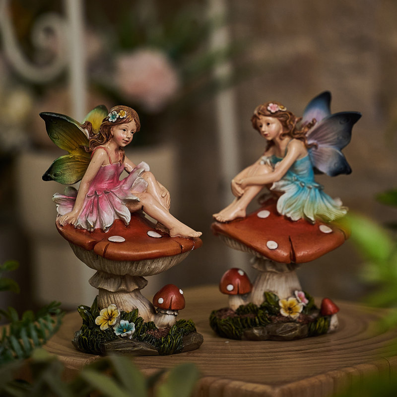 6"Resin Set Of 2 Cute Fairies Sitting On Mushroom Garden Statues