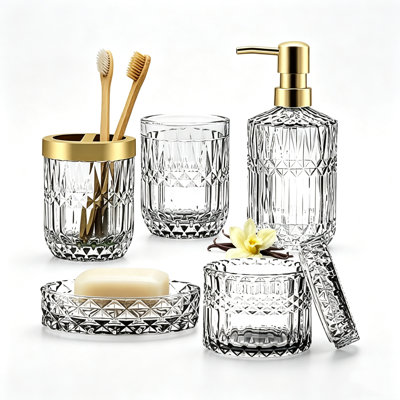 Embossed Glass Bathroom Accessory Set (Clear+Gold)