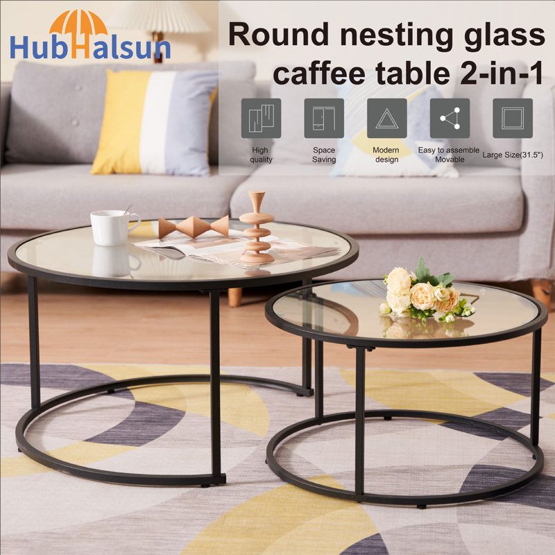 Modern Nesting Coffee Table Set of 2, Metal Frame with Tempered Glass Top, Stacking Tables for Living Room, Easy Assembly (black frame)