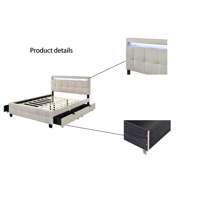 Lit plateforme tapissier avec rangement Duffey, Grand, Beige