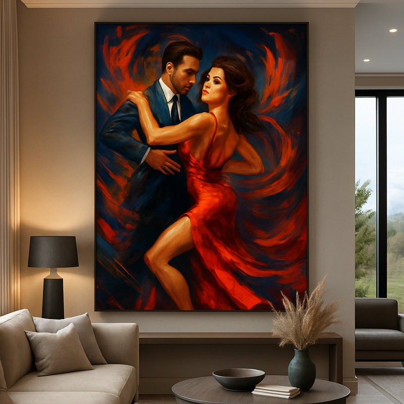 Inferno in Motion - Red Elegance Dance Portrait (Ltd. Edition) Framed Canvas Wall Art by Kasian Art Studio - Brown Frame