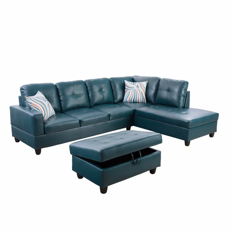 3-Piece Upholstered L-shaped Living Room Sectional, Right Hand Facing, Denim