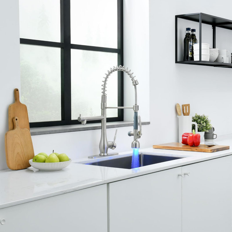 Kitchen Faucet with LED Single Handle Kitchen Sink Faucet with Pull Down Sprayer Commercial Double-Headed Kitchen Faucets Sink with Deck Plate