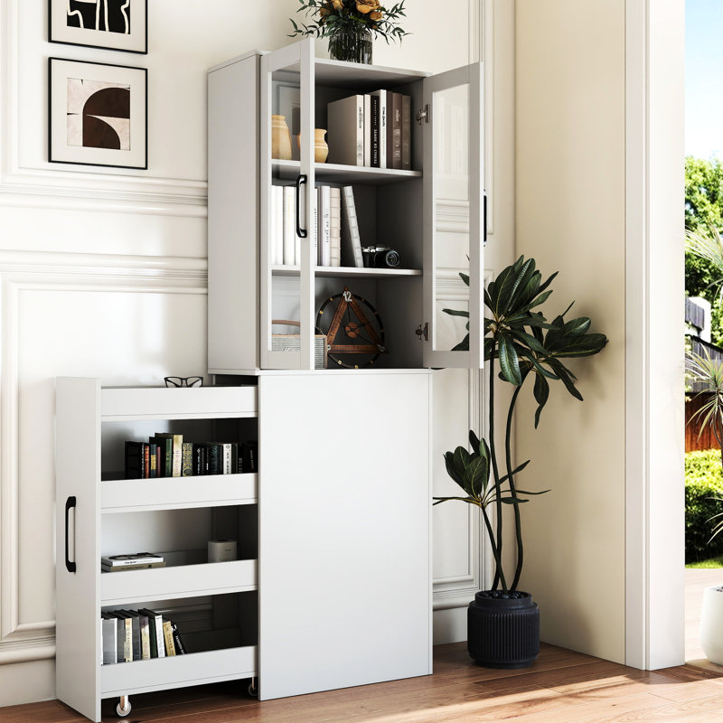 70.3" Tall 4 Tier Pull-Out 2 Glass Doors Multi-Functional Shelf Modern Wooden Display Cabinet For Living Room And Salon Organization H Storage Dining