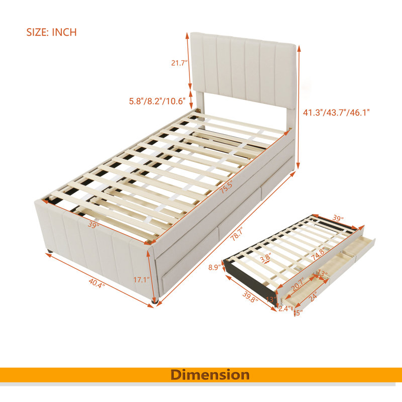 Lit plateforme tapissier simple avec lit gigogne et 3 tiroirs, tissu en lin, Beige