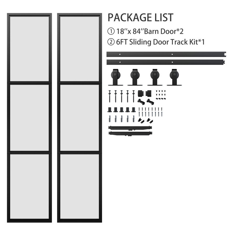 Metal and Tempered Glass Double Sliding Barn Door with Installation Hardware Kit, 2 Sets of Door, Clear