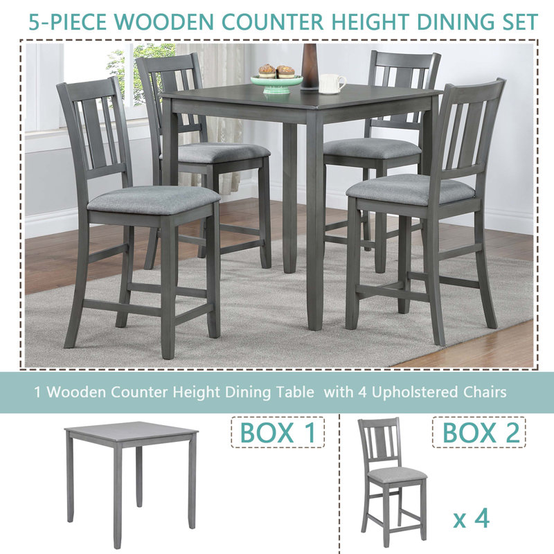 5 Piece Dining Table Set, Wooden Dining Square Table Set for 4, Counter Height Kitchen Table Set with Square Table and 4 Upholstered Chairs for Small Space, Grey