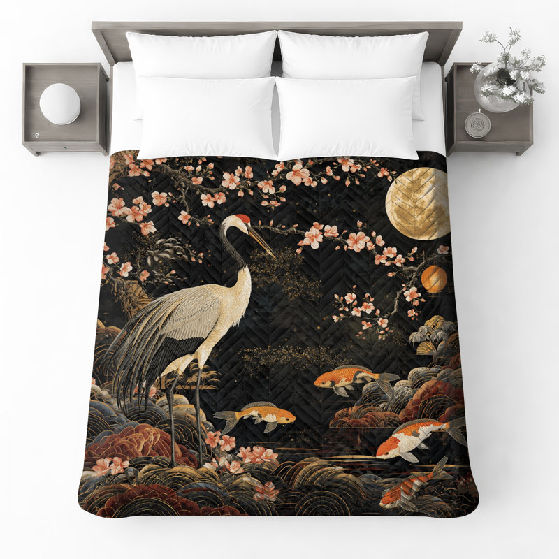 Couvre-lit matelassé Crane Koi Moon Cherry Blossoms, Queen