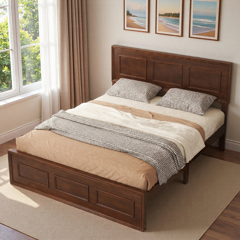Lit plateforme en bois avec tête de lit à hauteur réglable et panneaux géométriques, Walnut, Full / Double