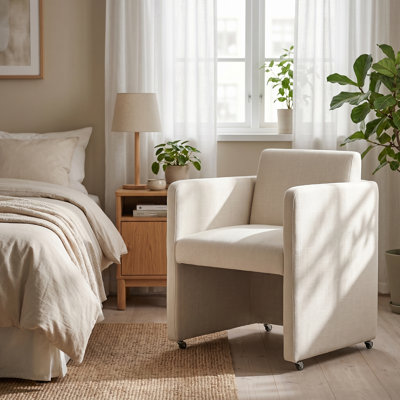 Chaise de salle à manger cylindrique en lin crème, monobloc, avec accoudoirs, design contemporain, structure en bois robuste