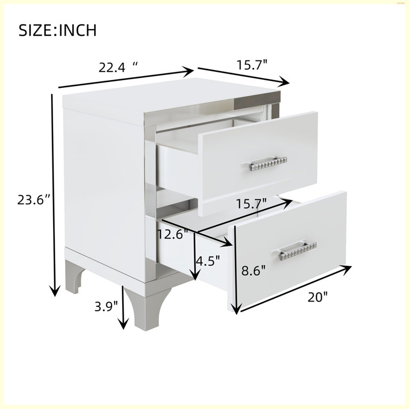 Table de chevet élégante avec poignée en métal et table de chevet à miroir avec 2 tiroirs pour la chambre à coucher et le salon