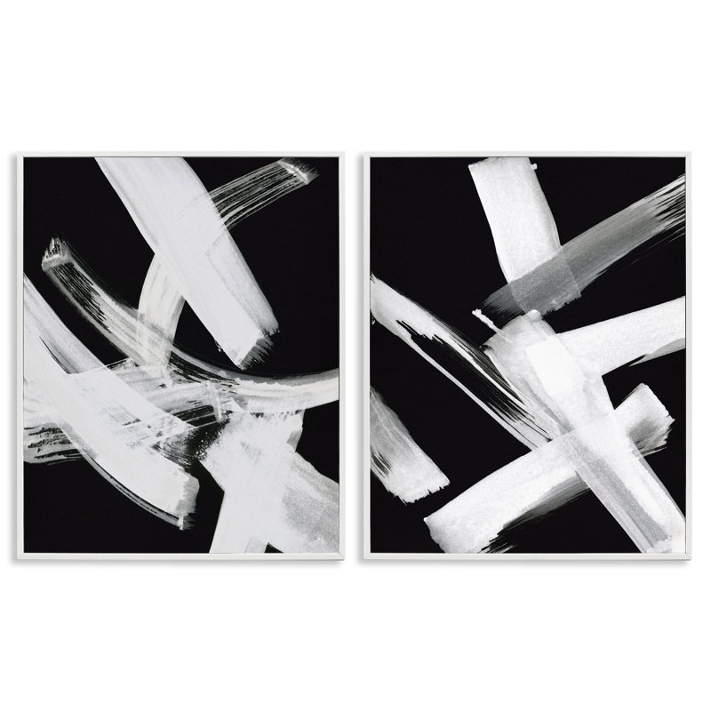 Abstrait lignes blanches sur fond noir, ensemble de 2 estampes numériques encadrées par Susan Jill, H 14 po x l 11 po