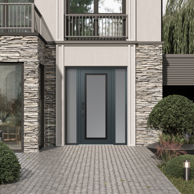 Panneau d'entrée en acier noir anthracite / anthracite avec 2 panneaux latéraux pré-suspendus, L 69 po x H 81,69 po, Gelé