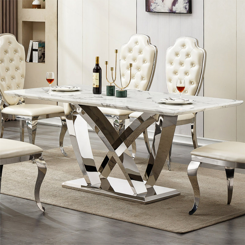 Dining Table For 6 People, 70" Rectangle Dining Table With Mirrored Finish Stainless Steel Base, Modern Kitchen Table(Only Table)