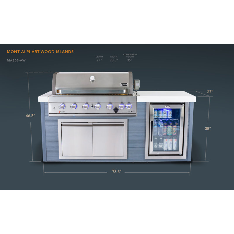 Mont Alpi Artwood Series 6-Burner Stainless Steel Outdoor Kitchen Island with Access Doors + Refrigerator