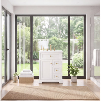 Meuble-lavabo autoportant blanc de 24 pouces avec lavabo en céramique, bois de pin et panneau de fibres à densité moyenne, portes et tiroirs à fermeture en douceur, 3 tiroirs et armoire avec support de rangement à 2 niveaux