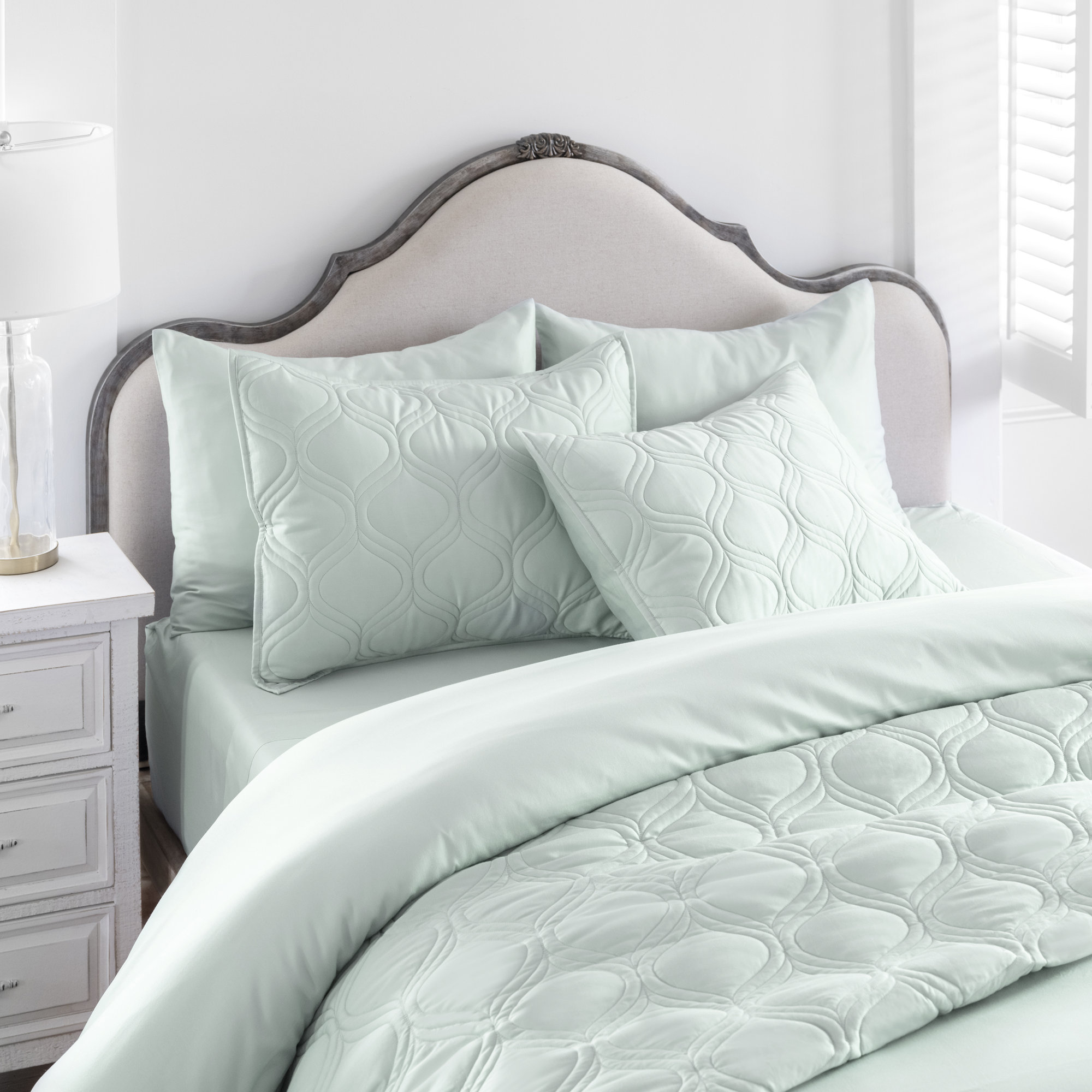 Portia Egyptian Cotton Sateen Sheet Set, Seafoam, Queen Sheet Set + Fitted Sheet + 2 Pillowcases