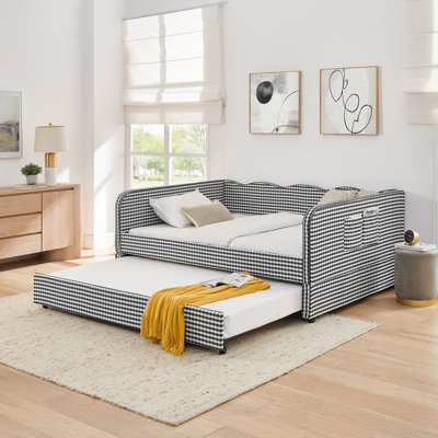 Gingham Upholstered 3‑in‑1 Versatile Convertible Sofa Bed with Pull‑Out Trundle