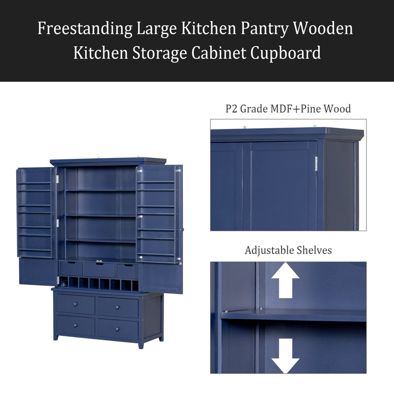 Grande armoire de rangement autoportante en bois avec 8 portes, 3 tablettes réglables, 7 tiroirs et 8 supports à vin, Bleu