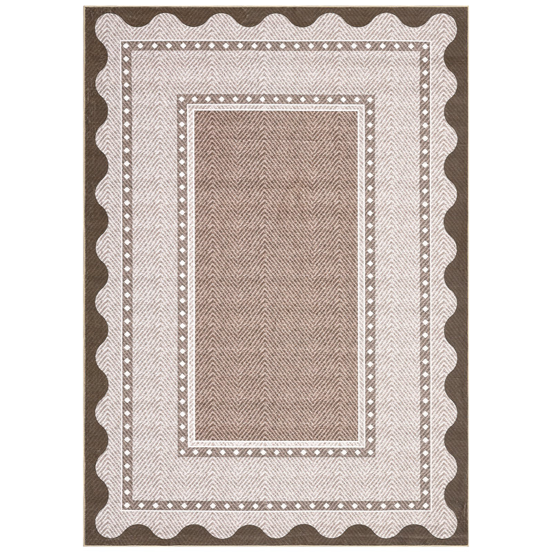 Washable Scalloped Area Rugs Living Room Rug Non Slip Stain-Resistant Rug for Bedroom Dining Room Home Office Linen, Brown
