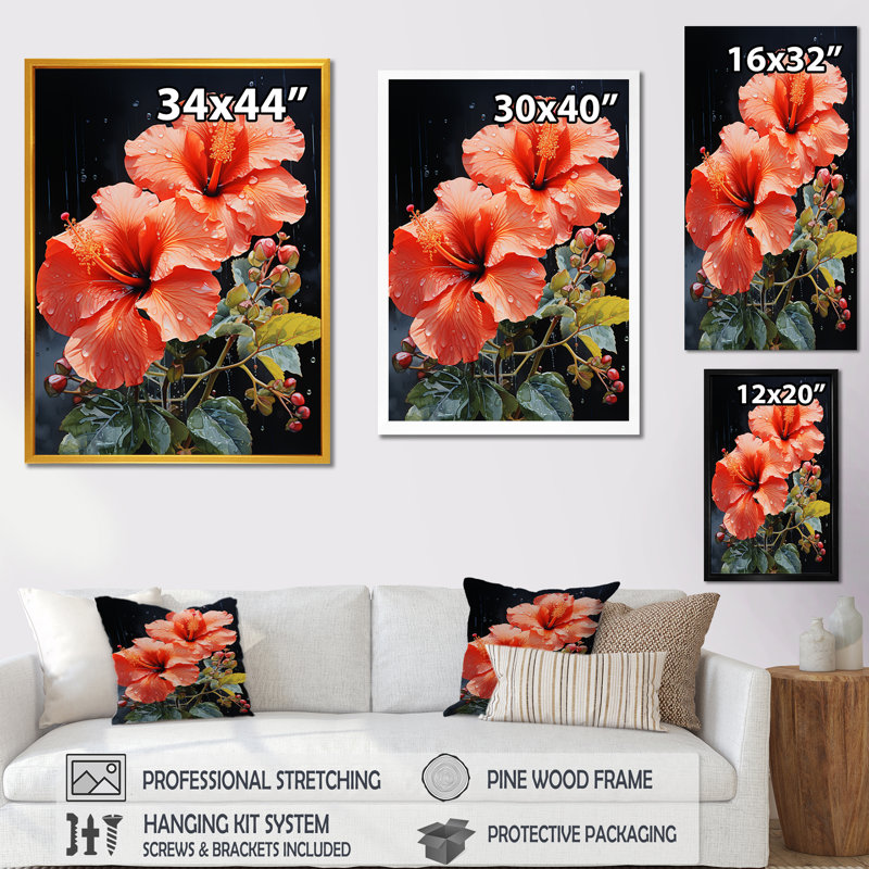 Hibiscus tropical - rose, Cadre flottant brun, H 32 po x l 16 po x P 1 po