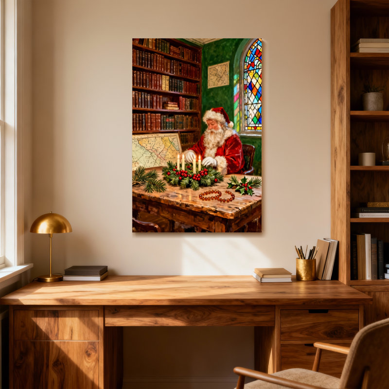Noël, père Noël, lecture de carte dans la bibliothèque, H 18 po x l 12 po