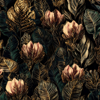 Peel and Stick Wallpaper Elegant Dark Botanical Tropical Leaves Gold Accents Contact Paper Removable Self Adhesive Wall Mural Wall Decor for Bedroom Kitchen Cabinets 17.7in x 118in