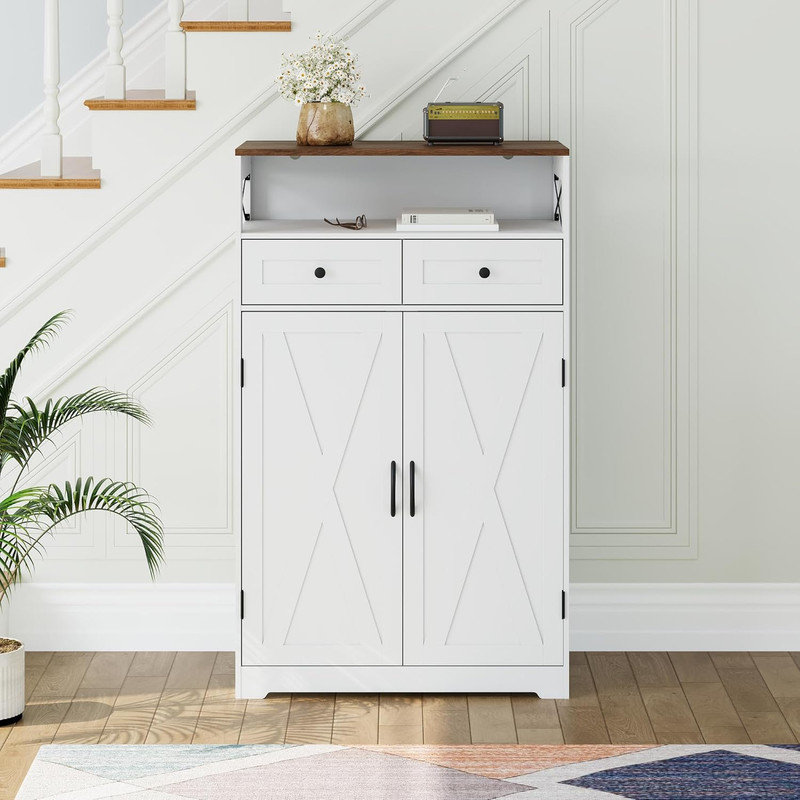 Modern Farmhouse Shoe Storage Cabinet, Narrow Entryway Shoe Rack with Drawers & Adjustable Shelves, Brown White