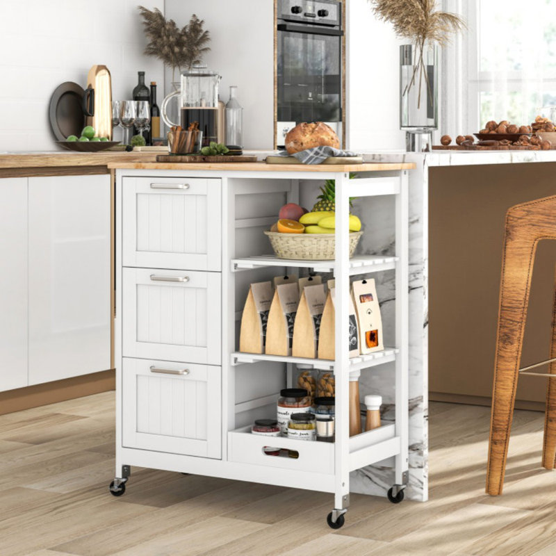 Rubber Wood Counter Top Kitchen Island Storage Cart with 3 Large Drawers, White