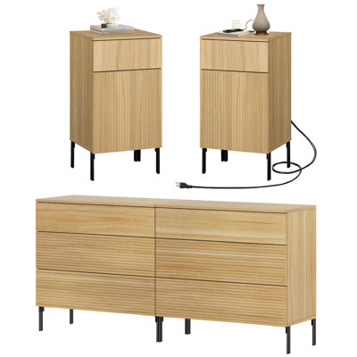 4 Pcs Bedroom Set,6 Drawer Dresser And Nightstand Sets For Bedroom, Night Stand Set Of 2, Double Dresser With Reeded Design, Wood Chest Of Drawers Mod by Ebern Designs