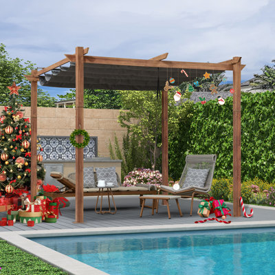 Purple Leaf 10' X 10' Outdoor Retractable Pergola With Sun Shade Canopy Patio Metal Shelter For Garden Porch Pavilion Natural Wood Grain Frame Aluminum Gazebo Modern Backyard Grill Pergola
