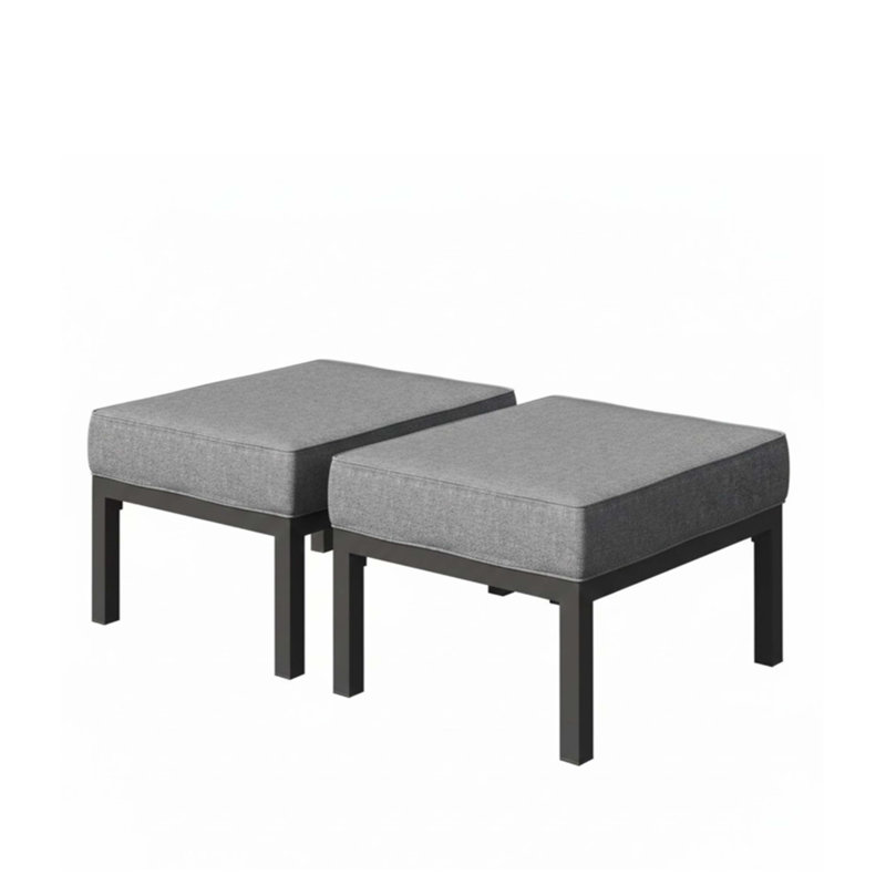 Set Of 2 24" Aluminum Patio Ottomans With Dark Gray Cushions, All-Weather Footrests