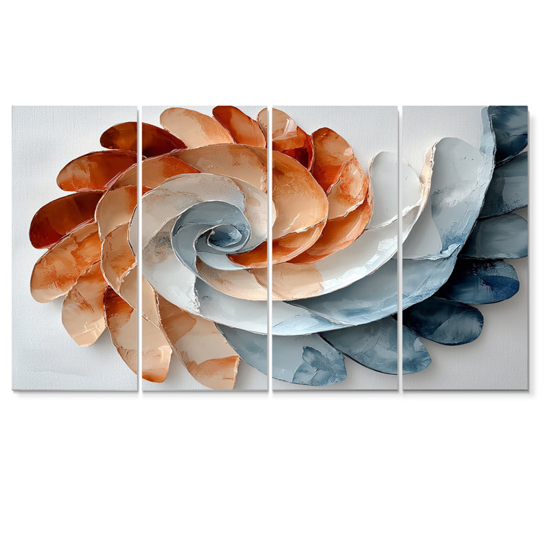 Pétales bleus et blancs dorés en spirale «I» - ensemble d'art mural abstrait en spirale, H 32 po x l 64 po