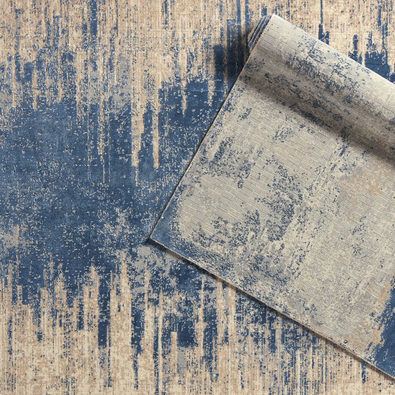  Tapis rectangulaire bleu / gris en laine / viscose tissé à la machine, Rectangle 9 pi x 12 pi 6 po