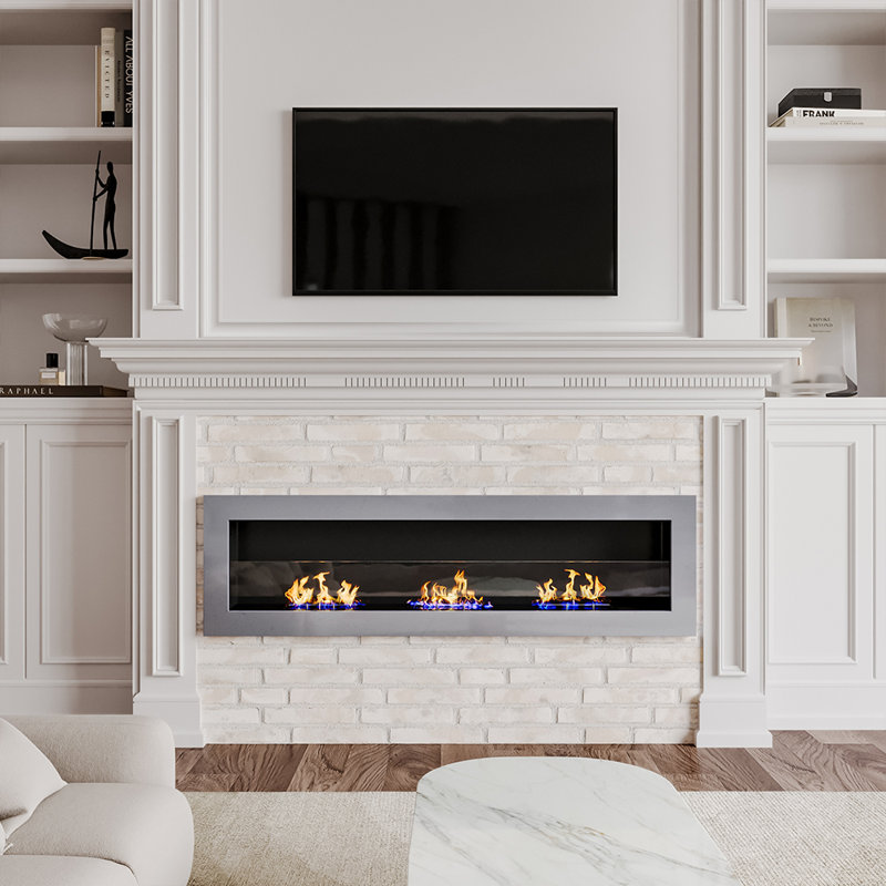 Dutta Recessed and Wall Mount Ethanol Fireplace, Adjustable Flame Size, White