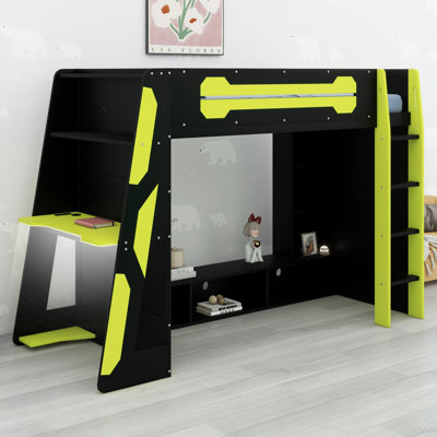 Multi-Functional Wood Loft Bed Frame with Desk, Storage Shelves and RGB Light