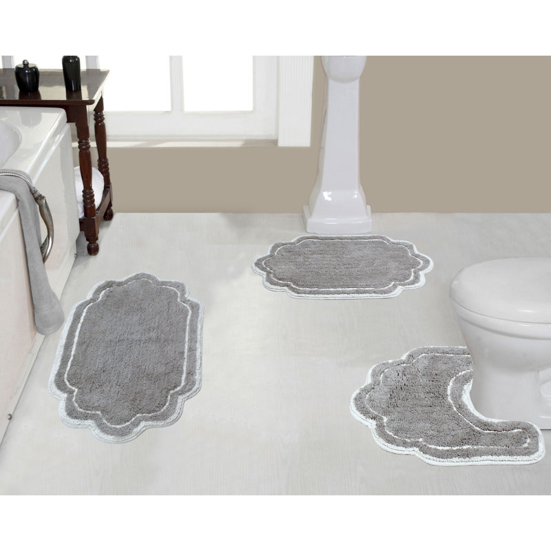 Dobrinka Cotton Bath Rug Set, Machine Washable, Quick Dry, Absorbent - 3 Piece Set with Contour, Gray