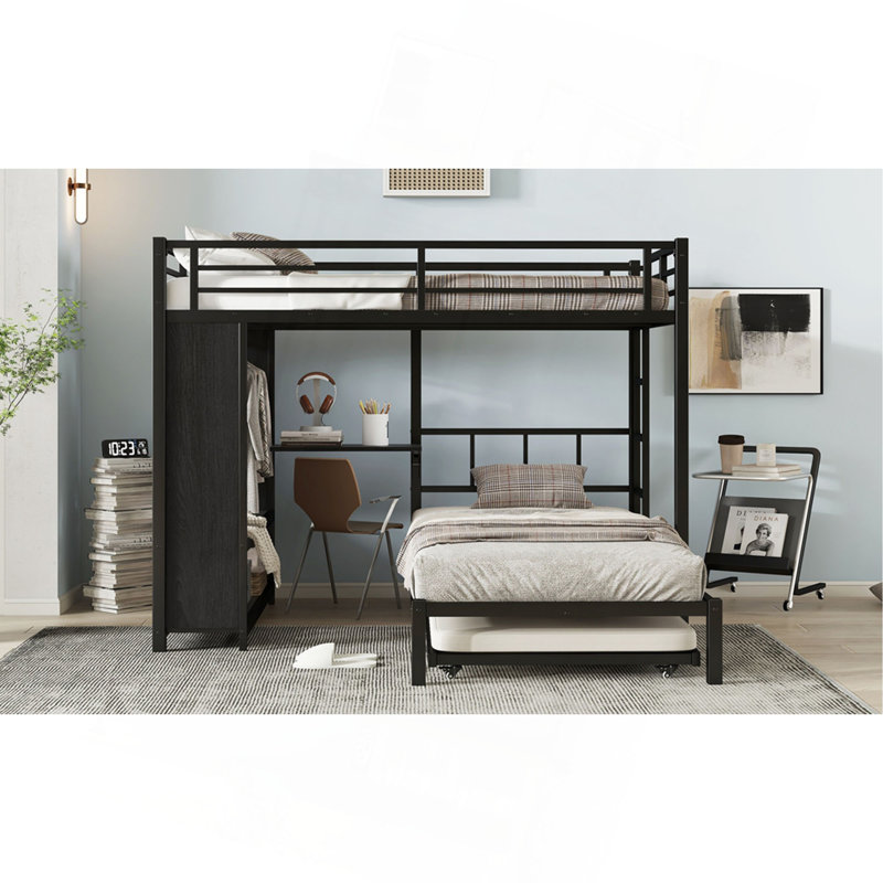 Lit superposé double au-dessus de simple avec garde-robe intégré, lit superposé en métal avec lit gigogne, bureau pliable, échelles, conception à réduction de bruit, noir
