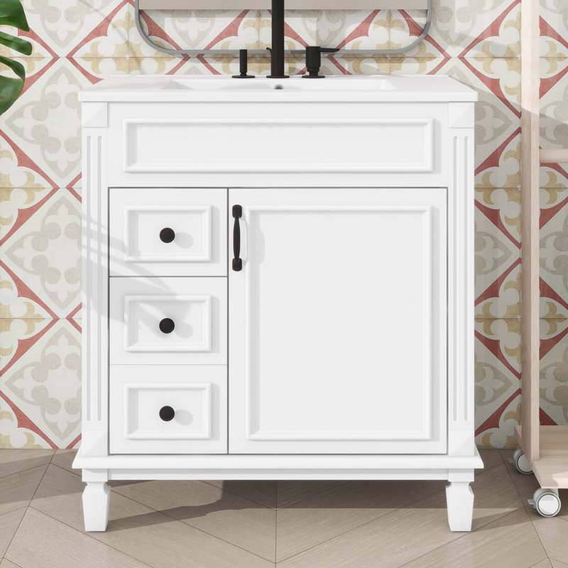 Meuble-lavabo de 30 po avec lavabo, meuble-lavabo moderne avec 2 tiroirs à gauche et tablette réglable, portes à fermeture douce