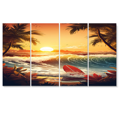 «Surfboard At The Tropical Beach Paradise - Sunset», art mural sur toile 4 pièces