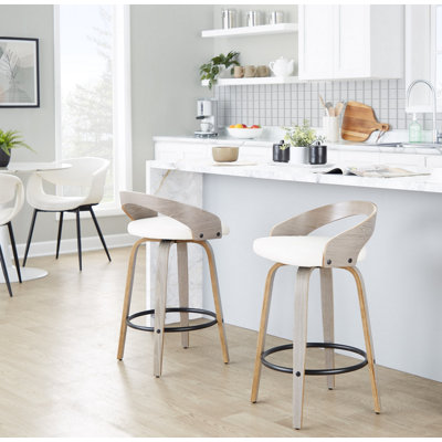 Tabouret de comptoir à hauteur fixe avec pivot en bois gris clair et similicuir blanc avec repose-pieds rond en métal noir - ensemble de 2