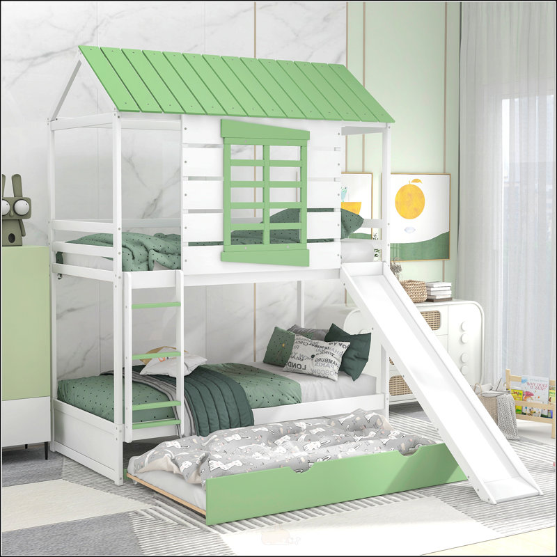 Lit superposé simple au-dessus d'un lit simple avec glissière convertible, lit gigogne et maison pour enfants, blanc et vert